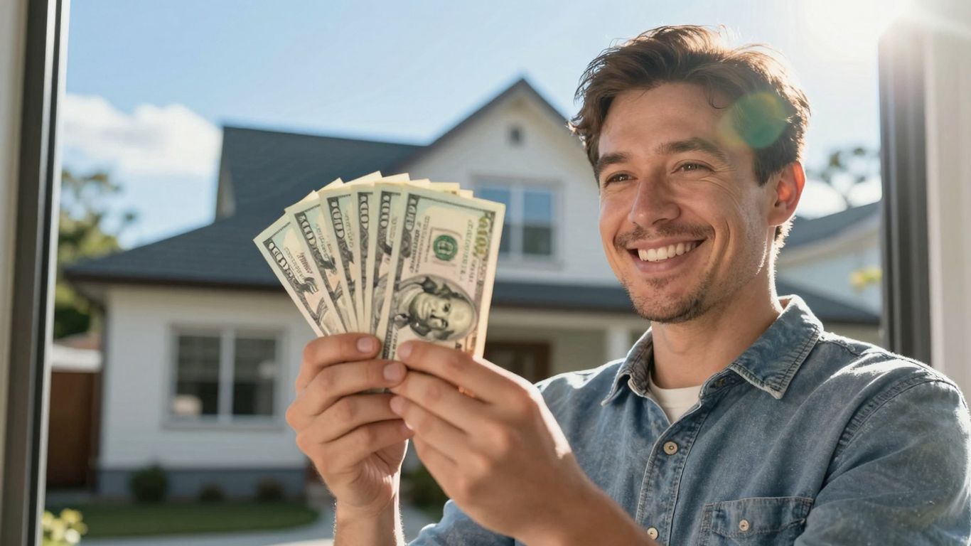 Homeowner with cash, house, and sunlight.