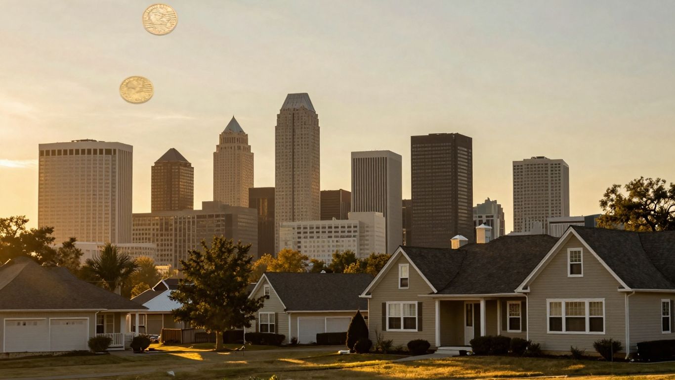 Kansas City skyline with a house and coins.