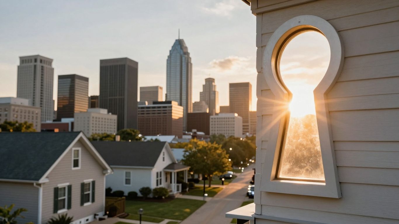 Kansas City skyline with a house and a glowing keyhole.