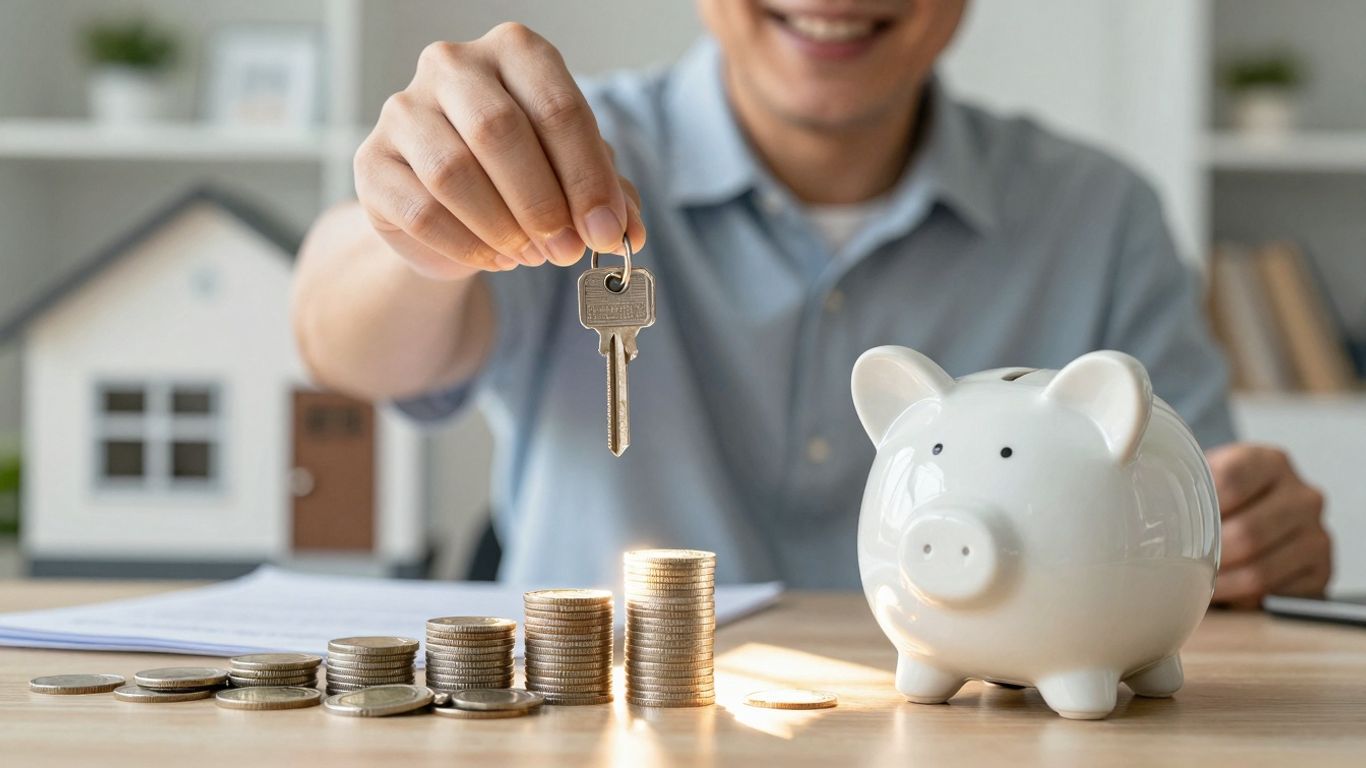 Homeowner with key, coins, and piggy bank.