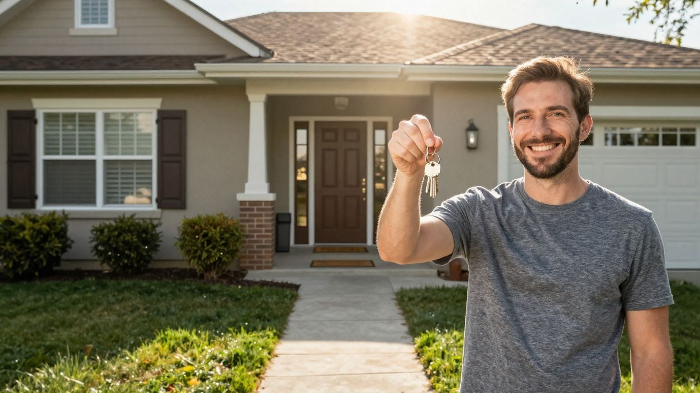 Homeowner with keys, happy about mortgage refinance.