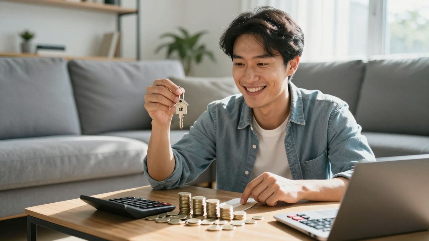 Homeowner with key, coins, and calculator, symbolizing mortgage savings.