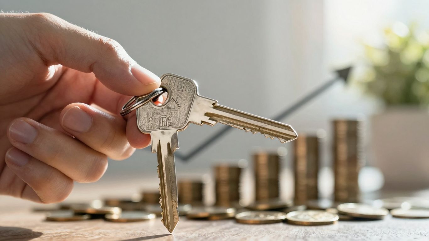 Jumbo mortgage refinance savings with house key.