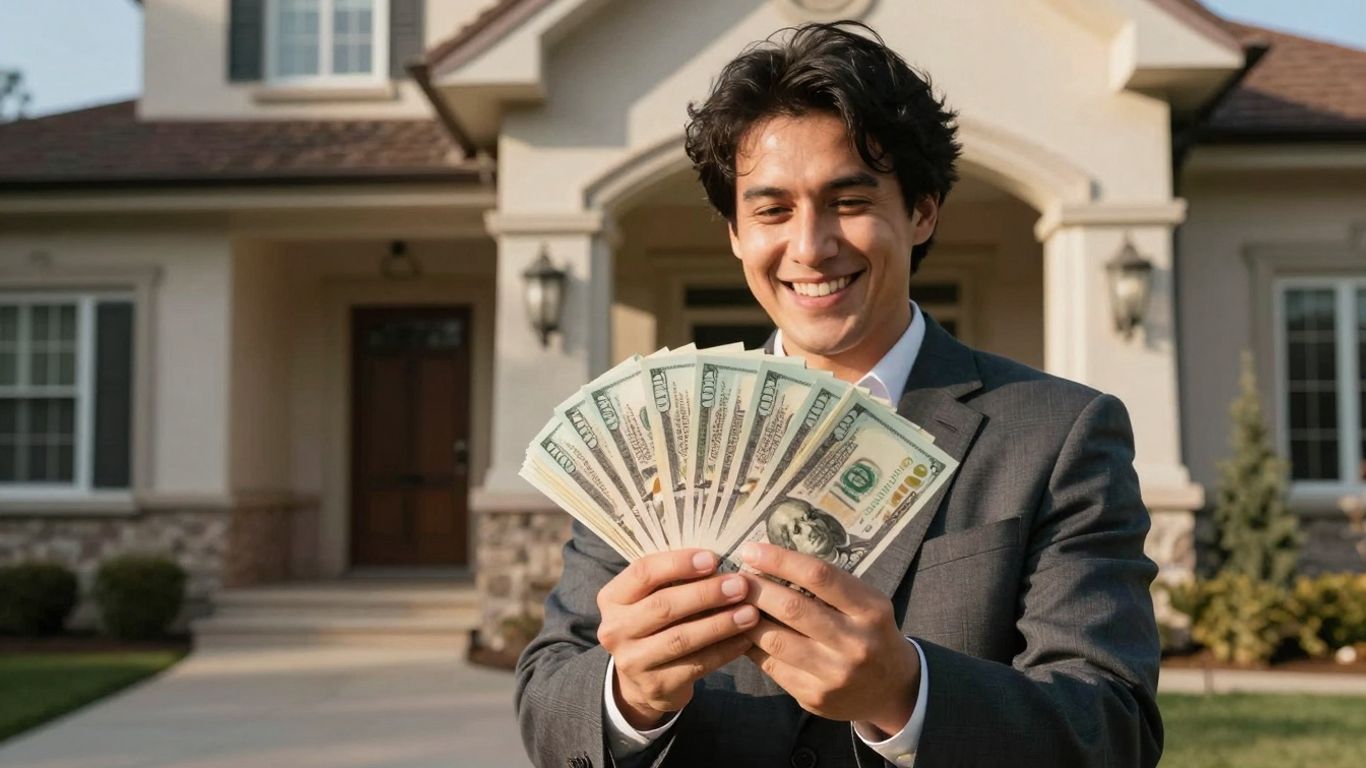 Homeowner with cash, luxurious house, sunlight.