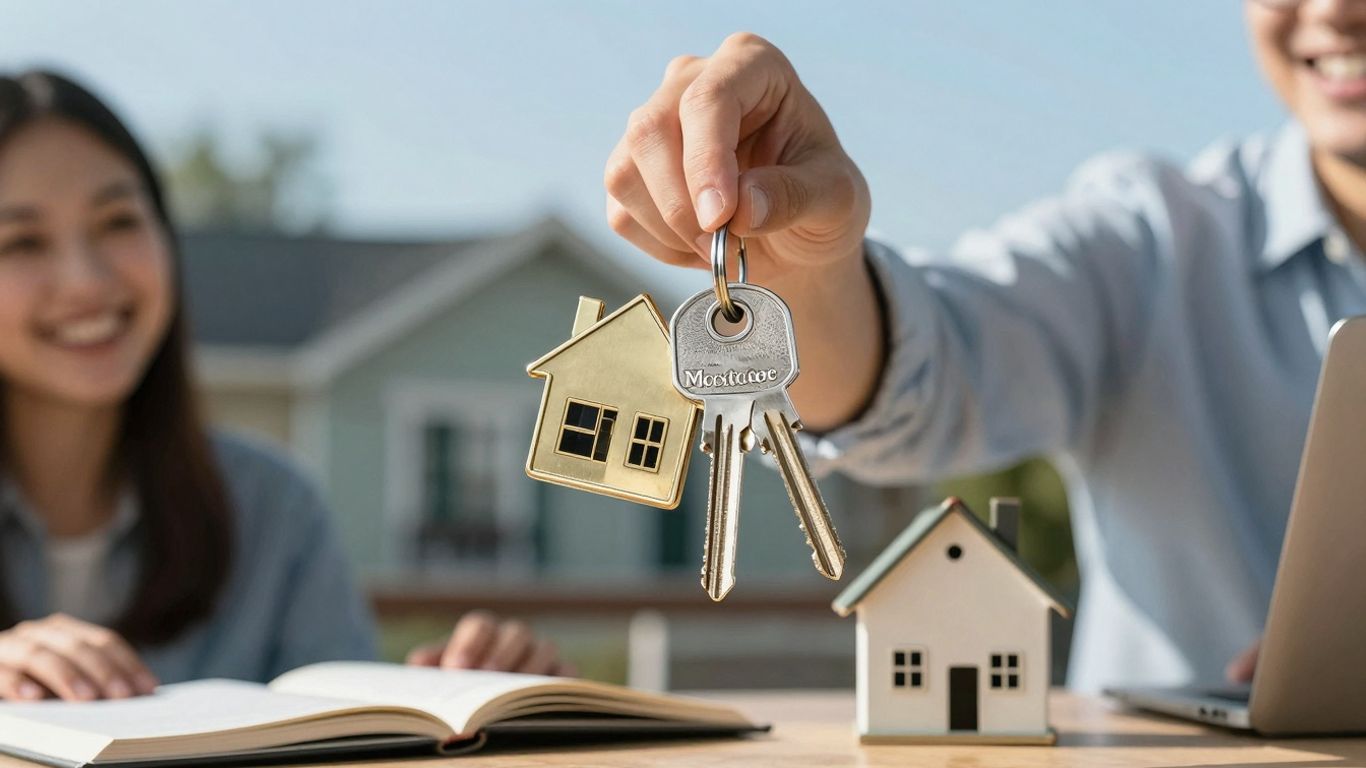 Person holding house key, financial growth background.