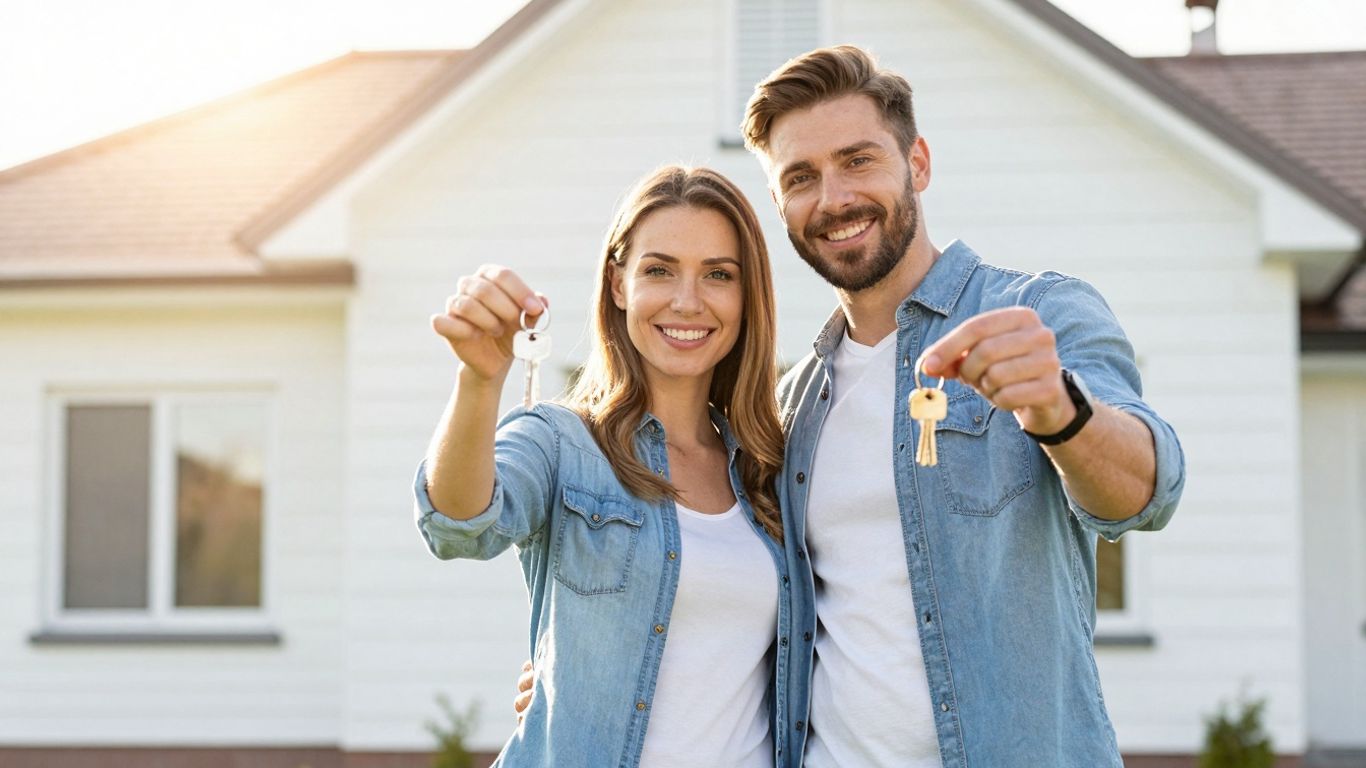 Couple holding keys in front of a home.