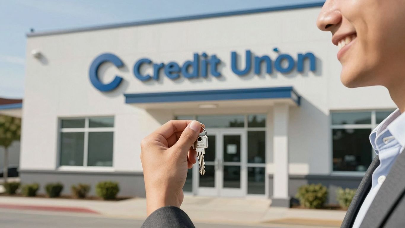 Person with house key near credit union building.