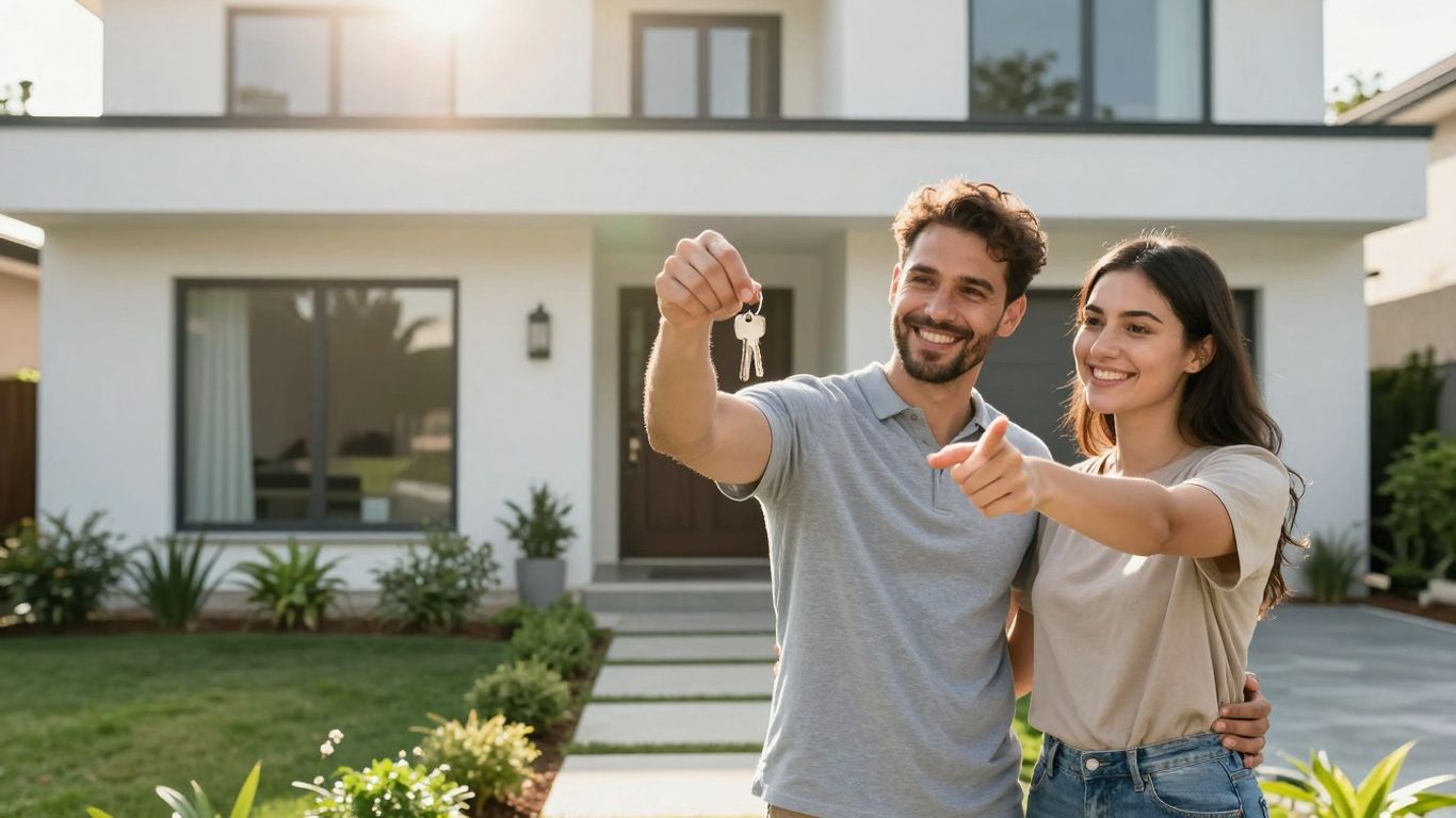 Couple holding keys in front of a house.