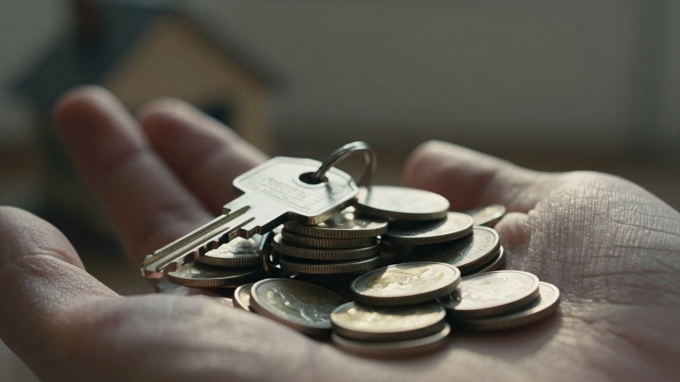Hand holding coins and house key, symbolizing savings and homeownership.