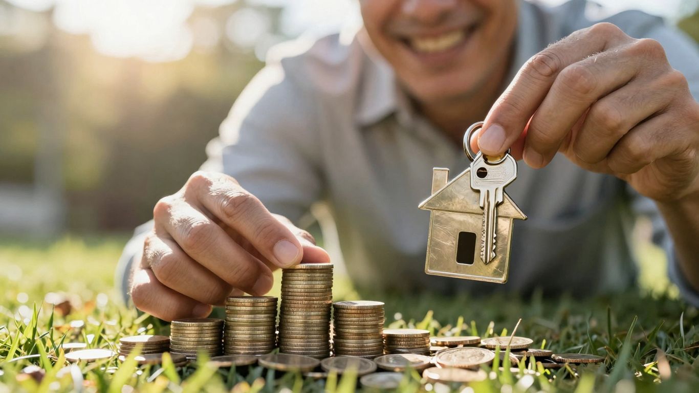 Homeowner with coins and house key, financial growth.