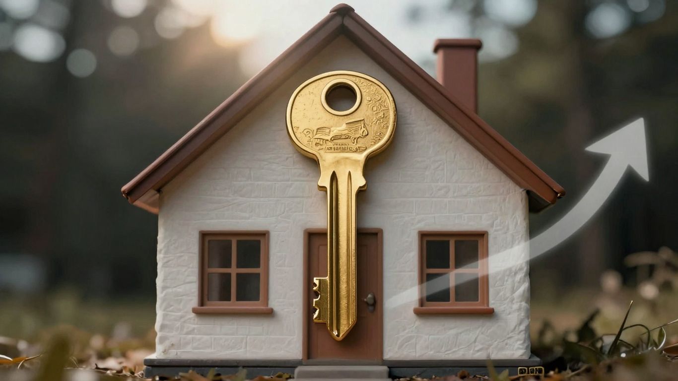 House with golden key and upward arrow.