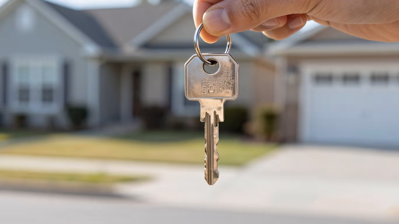 House key with a blurred neighborhood background.