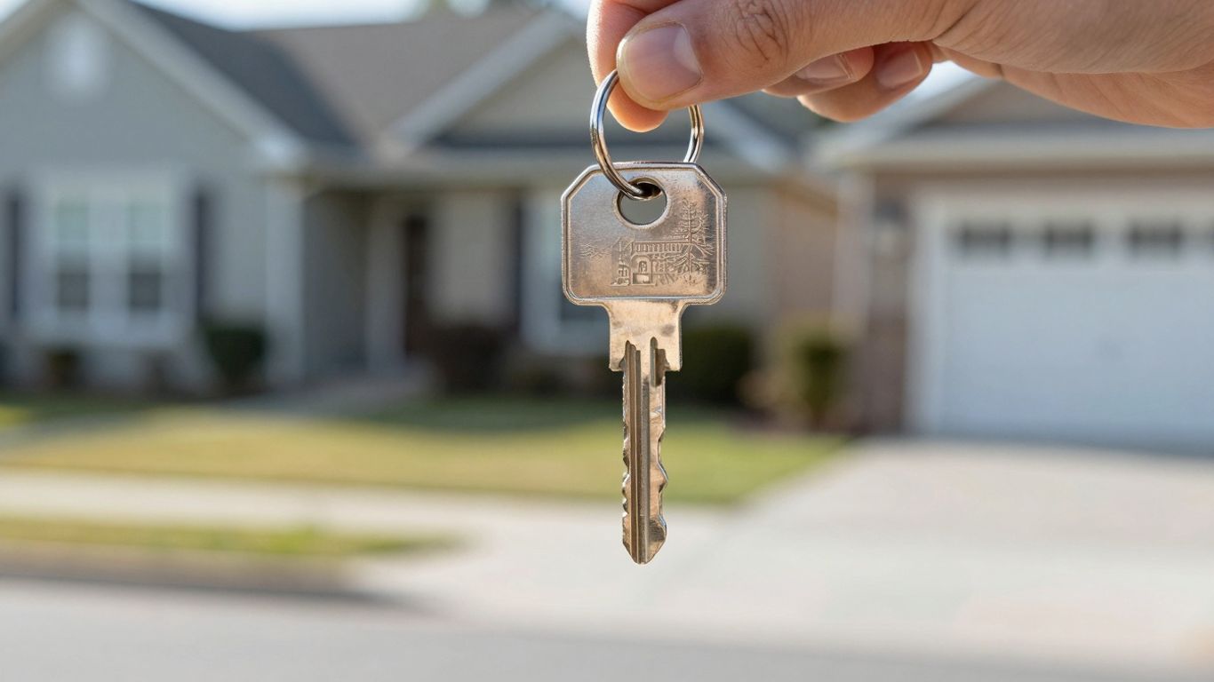 House key with a blurred neighborhood background.