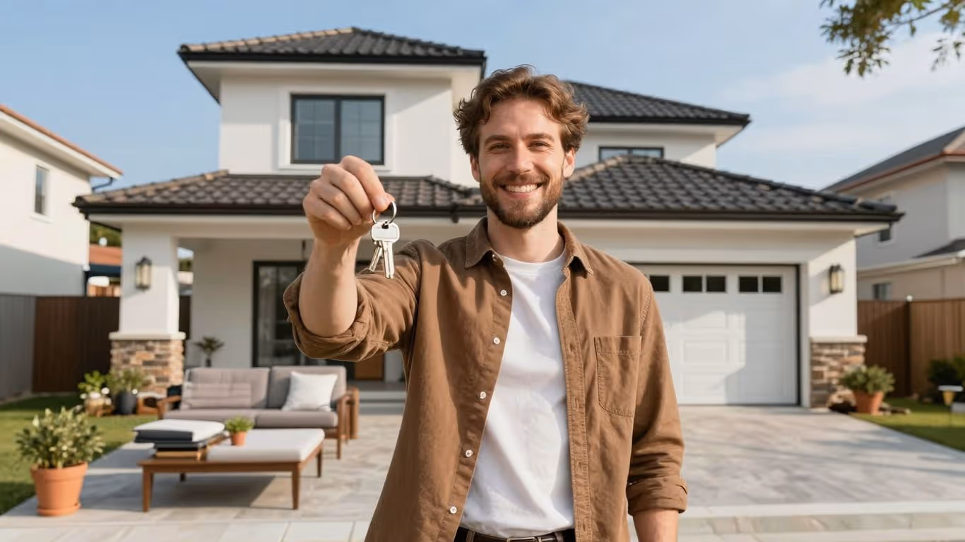 Homeowner with keys in front of a house.