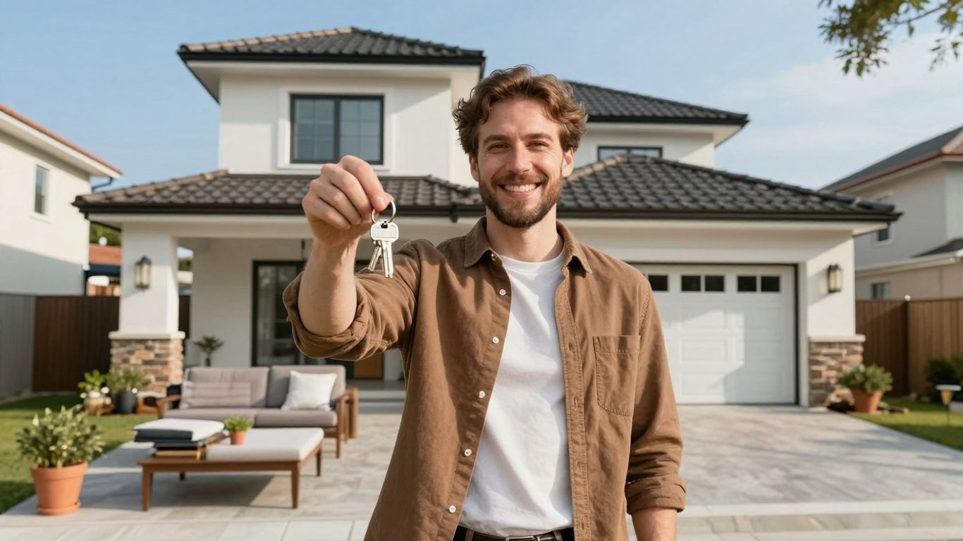 Homeowner with keys in front of a house.