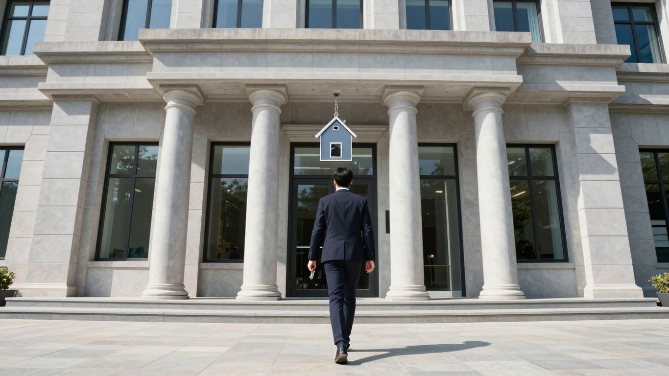 Bank building exterior with person holding house key.
