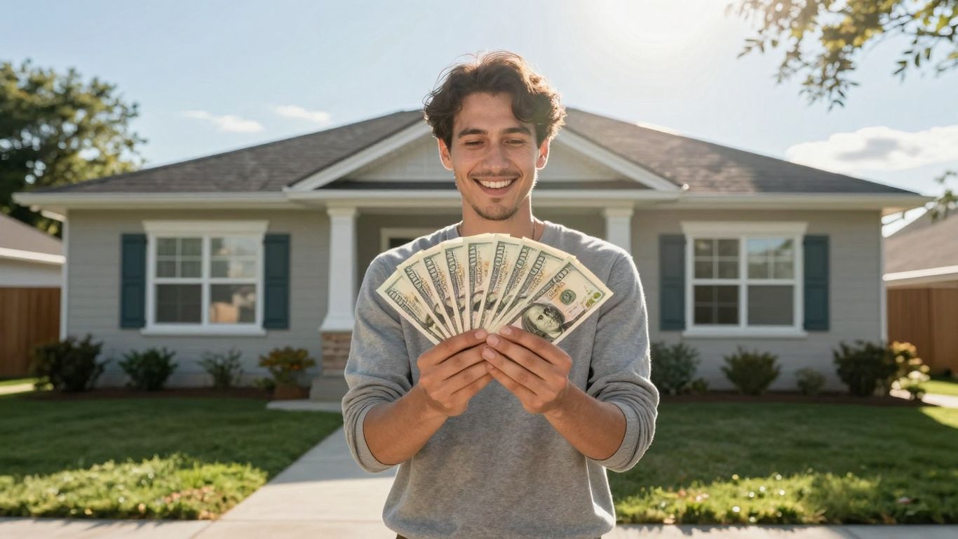 Homeowner with cash in front of house.