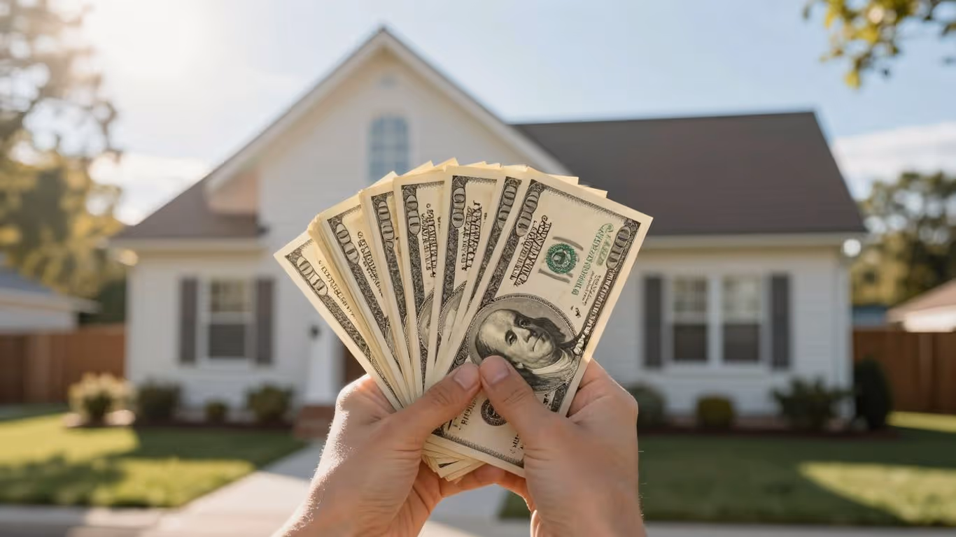 Person holding money with house in background.