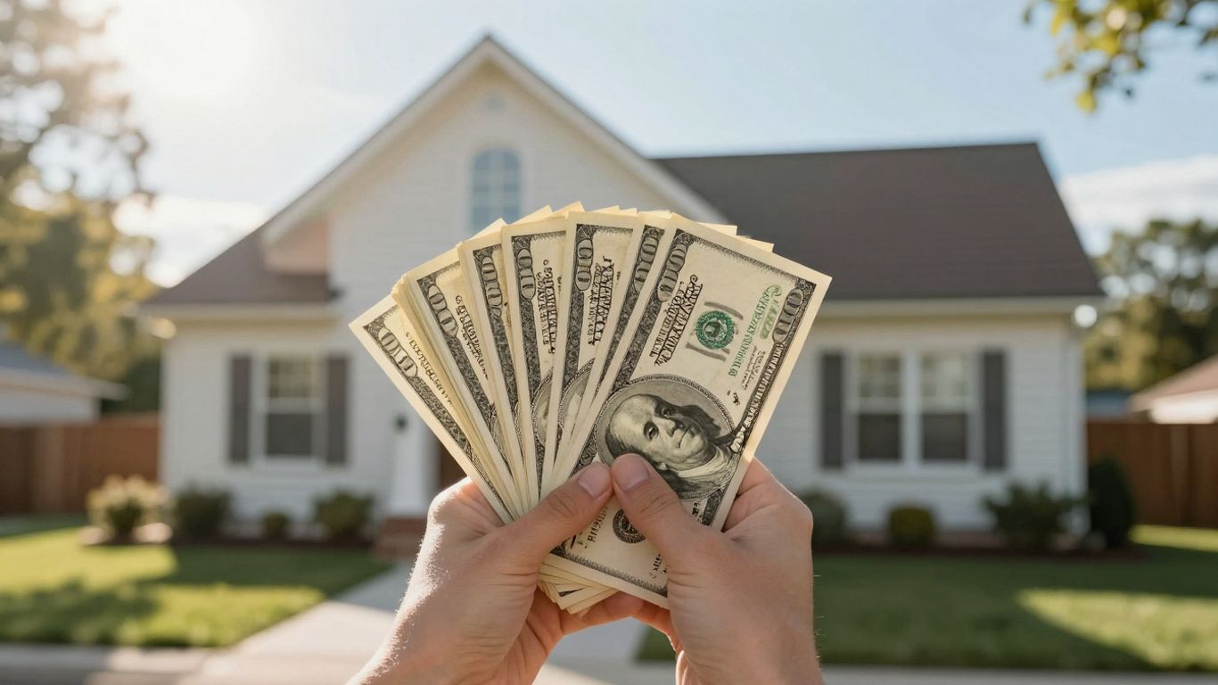 Person holding money with house in background.