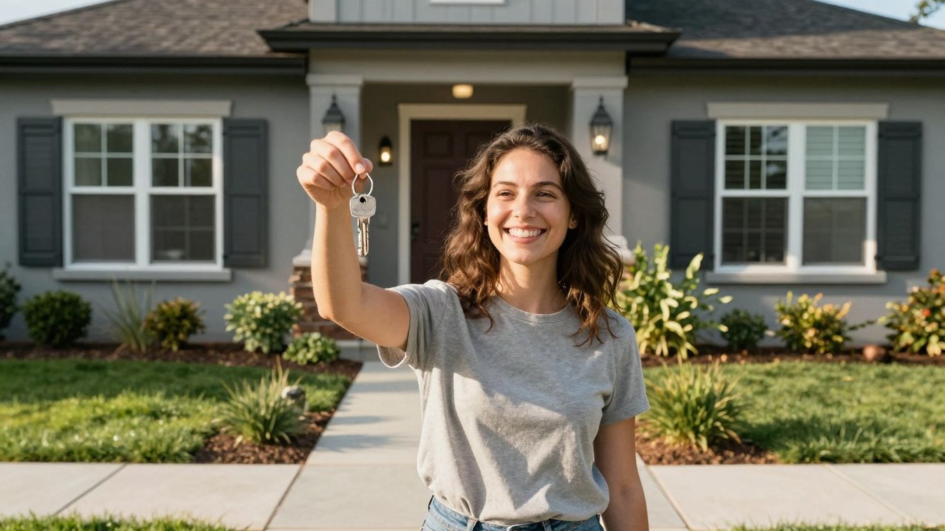 Person holding house key, happy about mortgage refinance.
