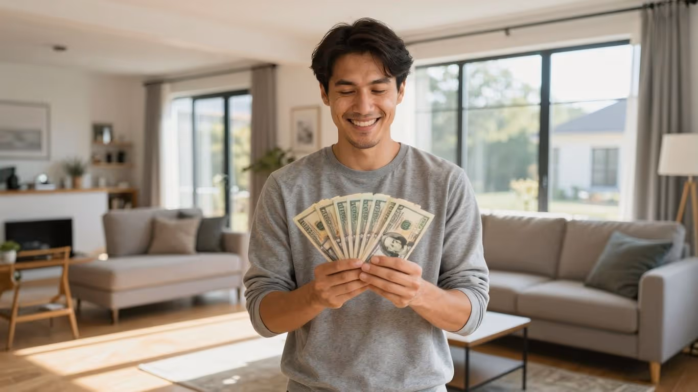 Homeowner with cash, happy about mortgage refinance.