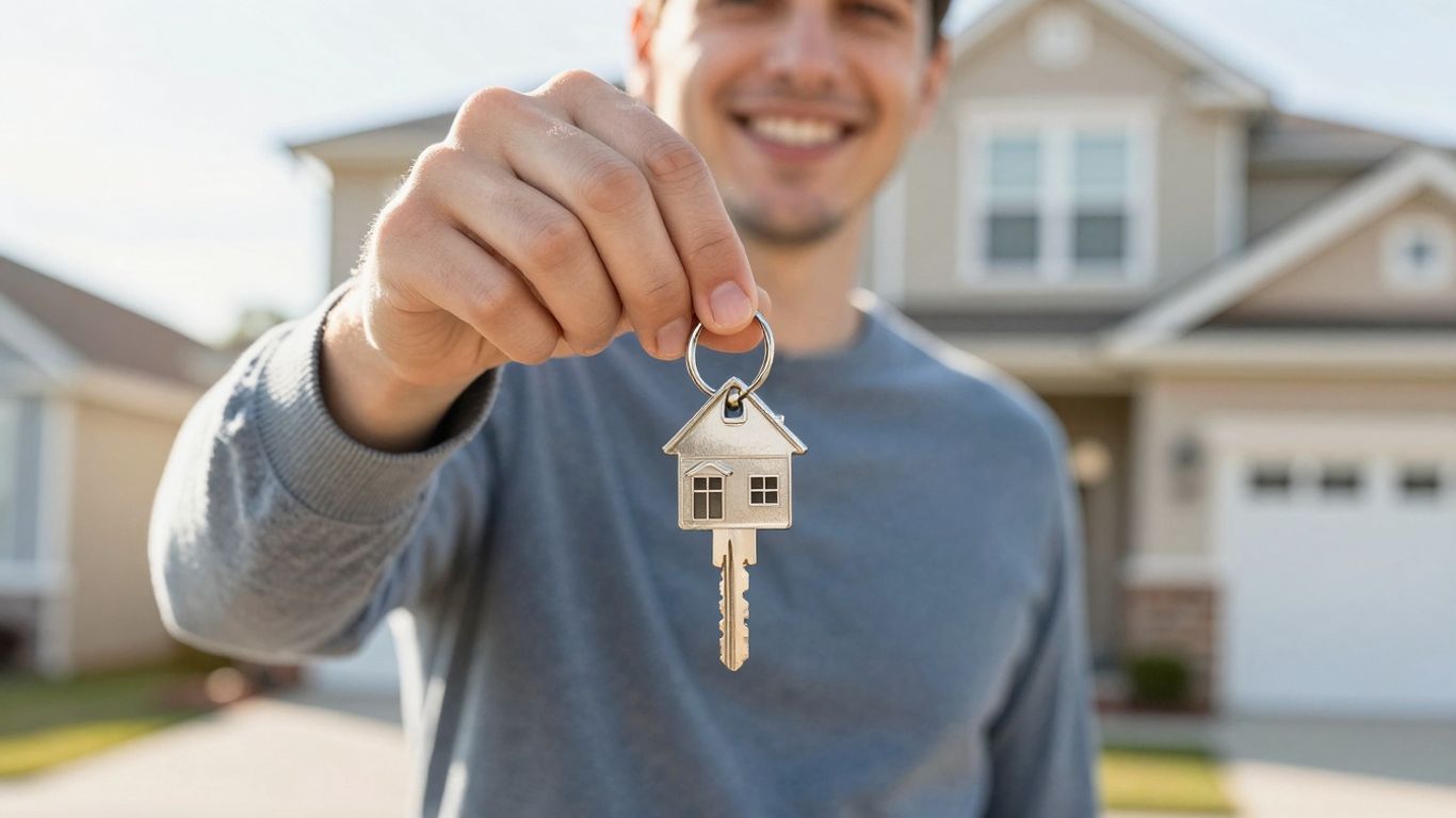 Person holding house key, symbolizing homeownership and financial gain.