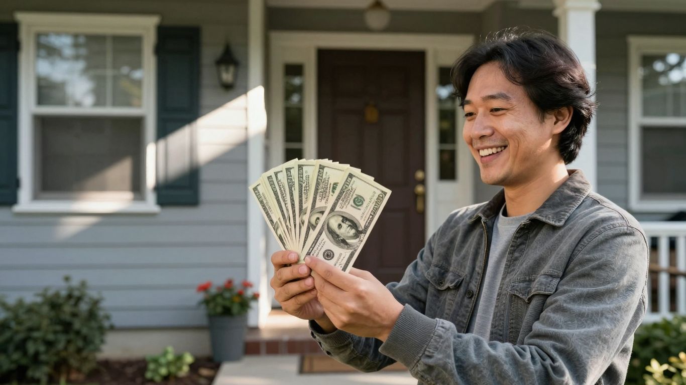 Homeowner with money and house, symbolizing financial security.