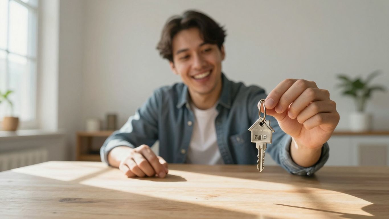 Homeowner with house key, symbolizing financial savings.