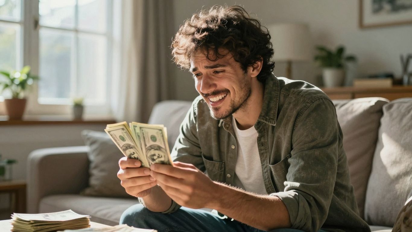 Homeowner with money, symbolizing mortgage savings.