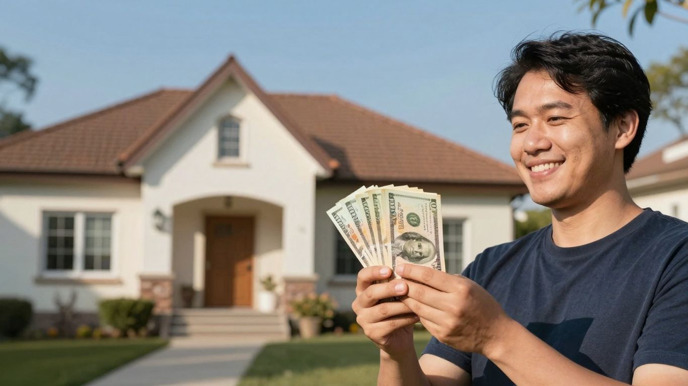 Homeowner with cash, looking at house, financial growth path.