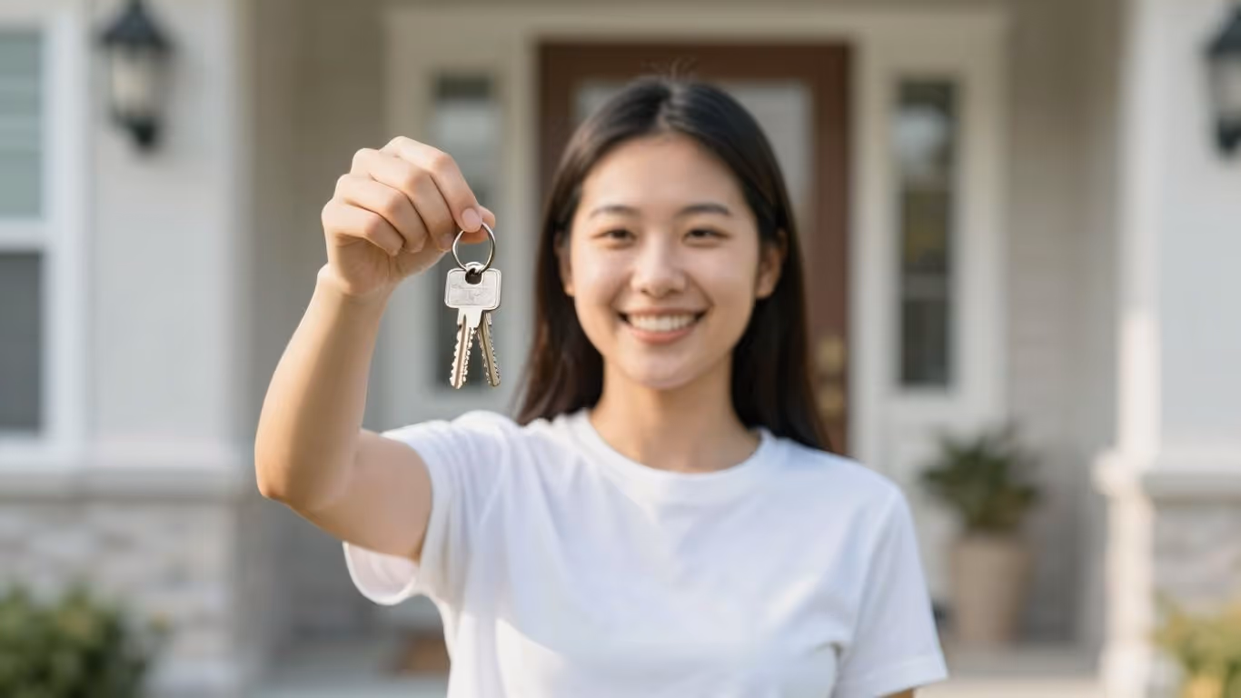 Homeowner with keys, happy about refinancing their home.