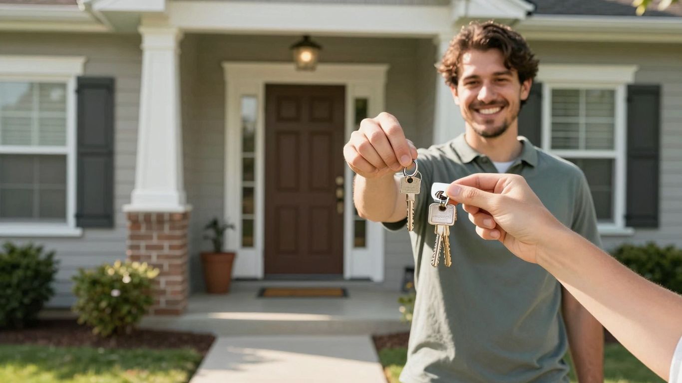 Homeowner with keys, sunny day, house