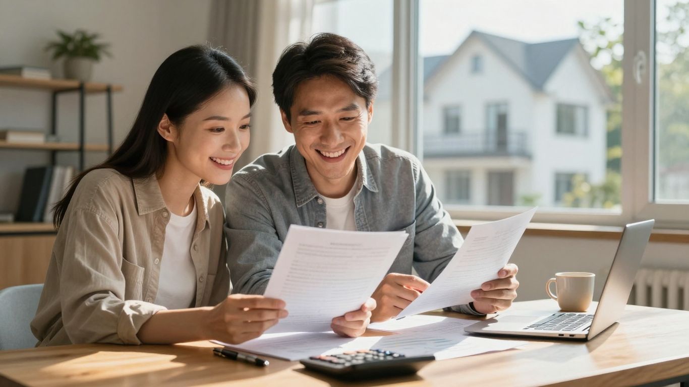 Couple reviewing mortgage refinance documents at a table.
