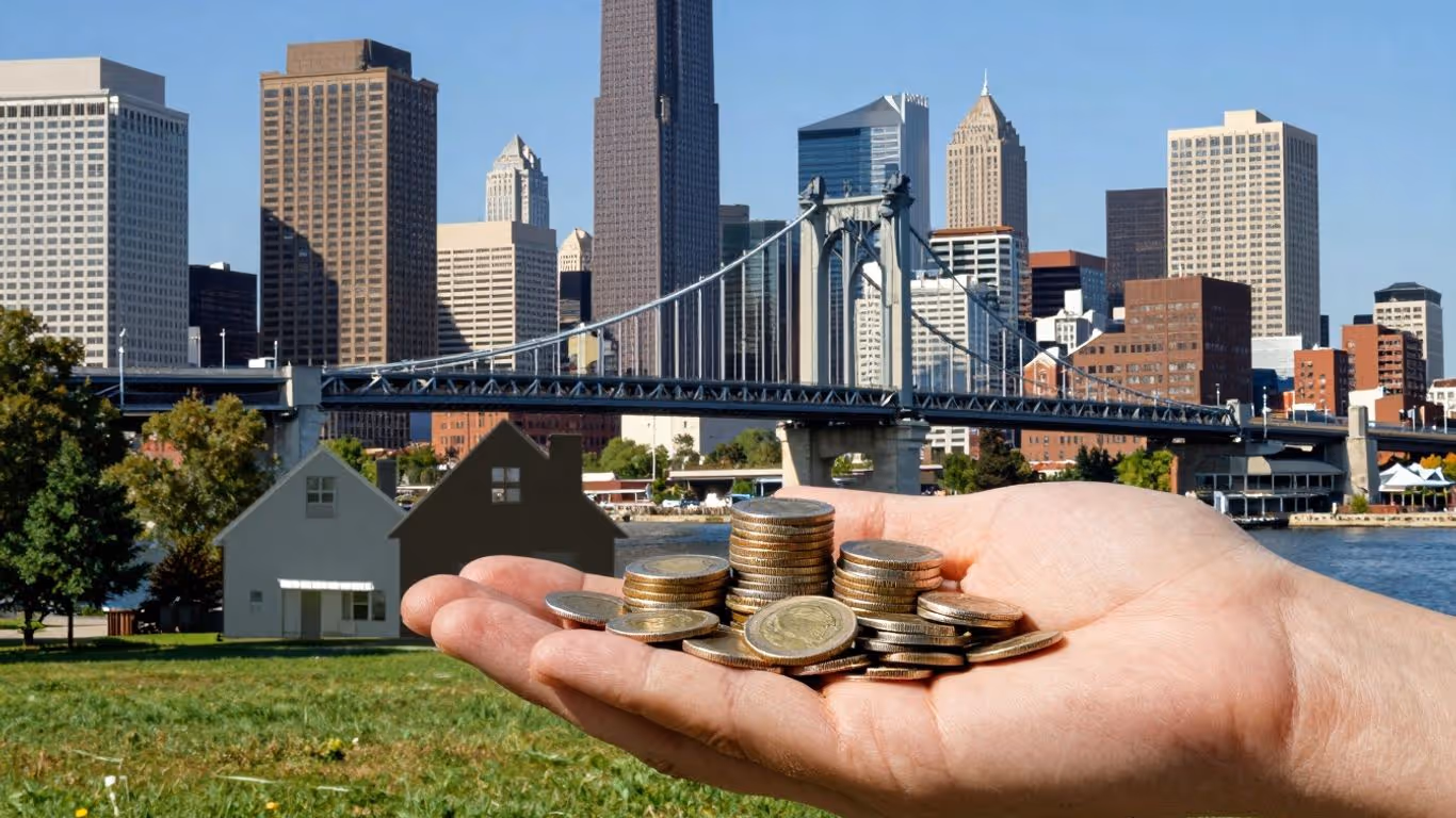 Milwaukee skyline and coins for mortgage refinance savings.