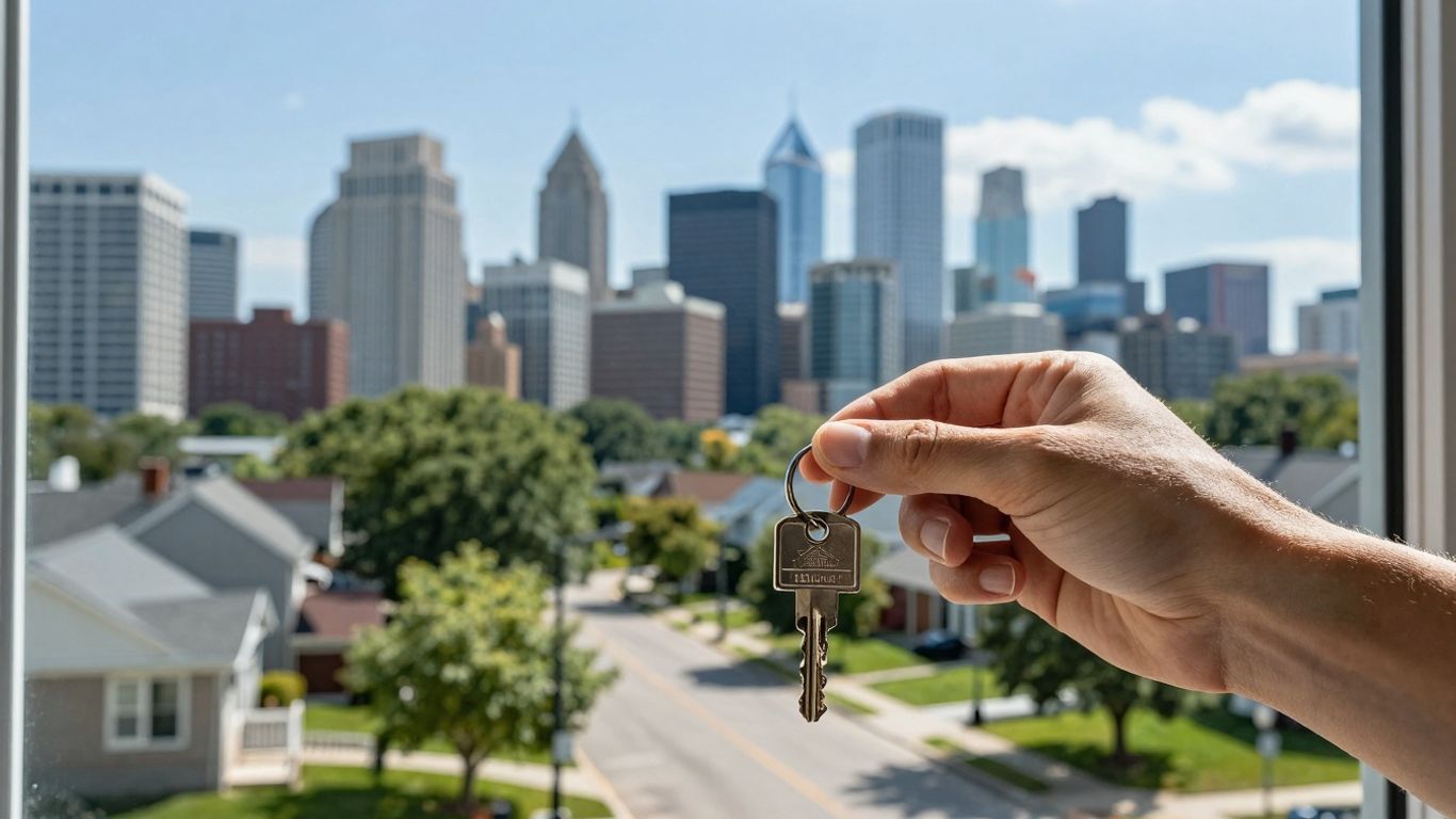 Milwaukee skyline and house key for mortgage refinance.