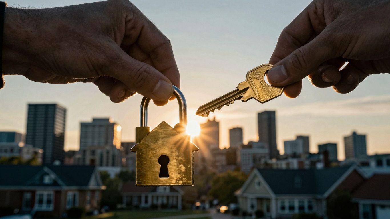 Milwaukee skyline with a house and a key unlocking a padlock.