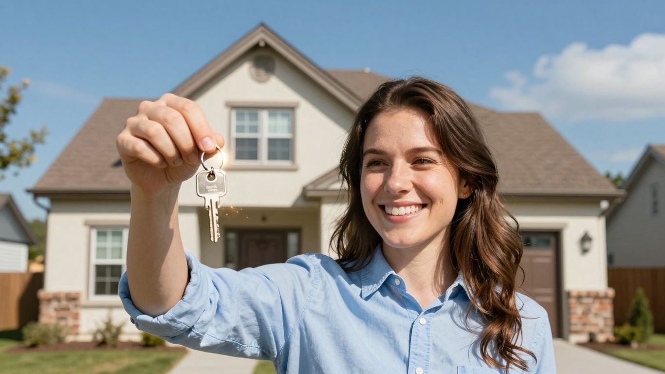 Homeowner with key, happy about mortgage refinance.