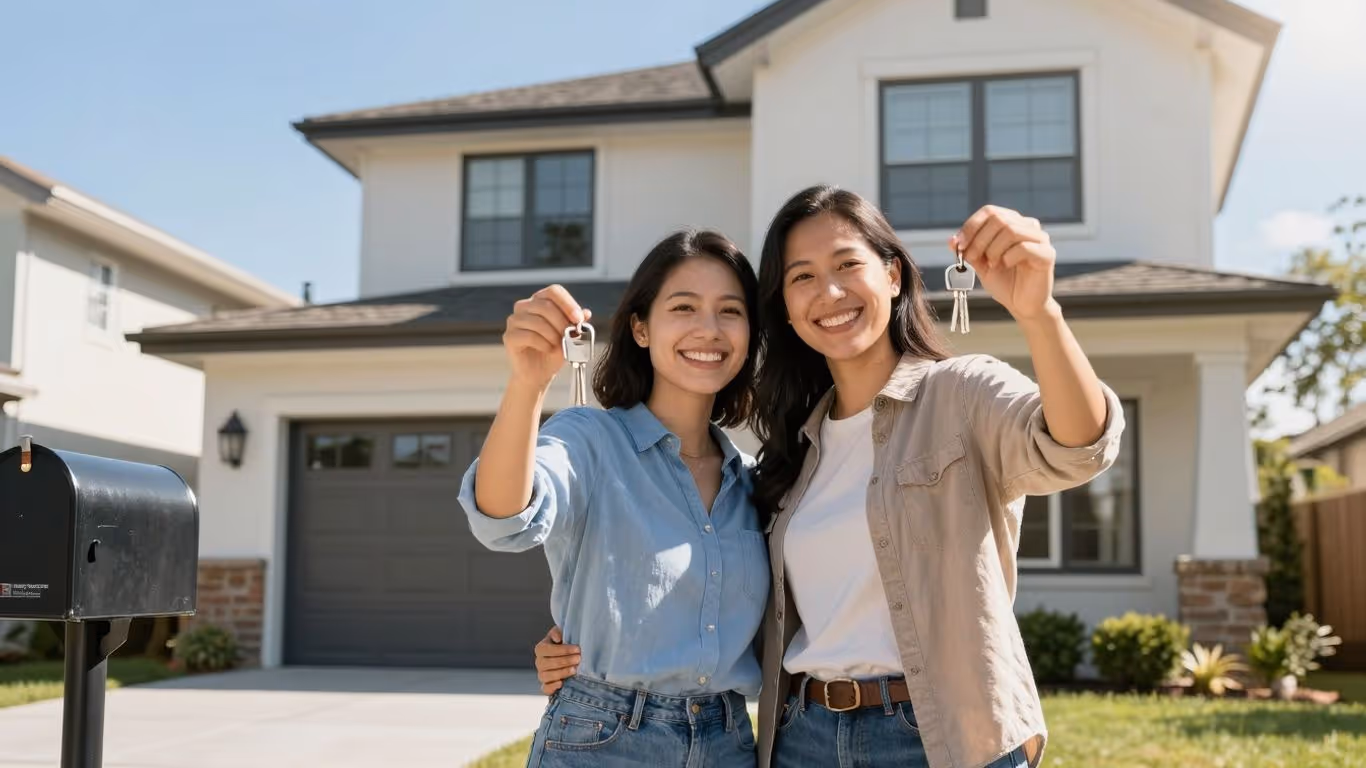 Couple with keys in front of a house.