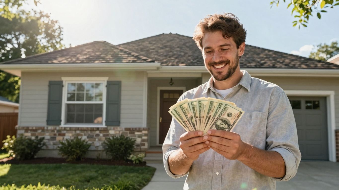 Homeowner with cash, house, sunlight.