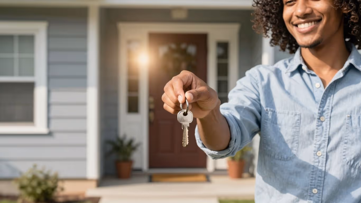 Happy homeowner with keys in front of a house.