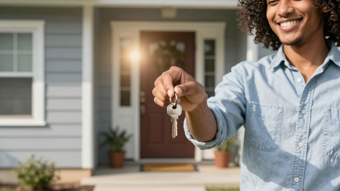 Happy homeowner with keys in front of a house.