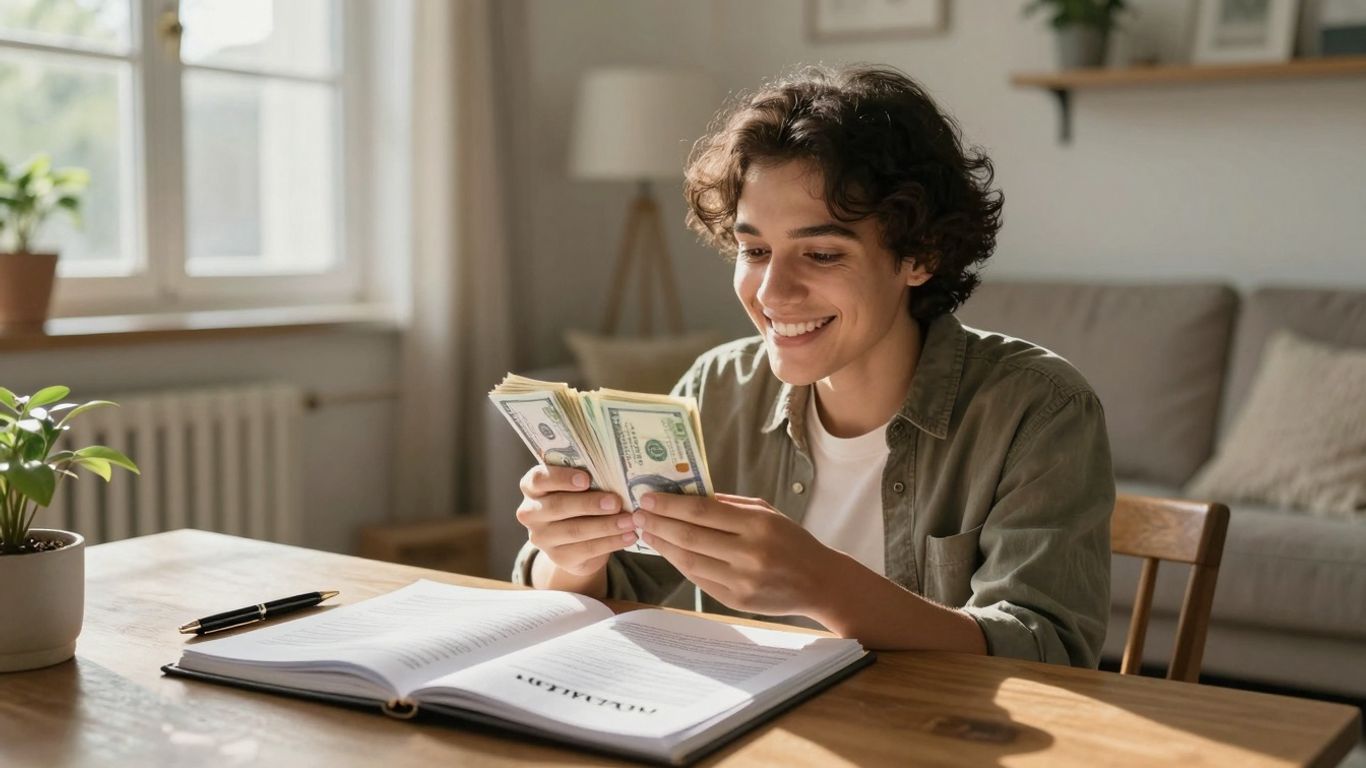 Homeowner with money and mortgage document.