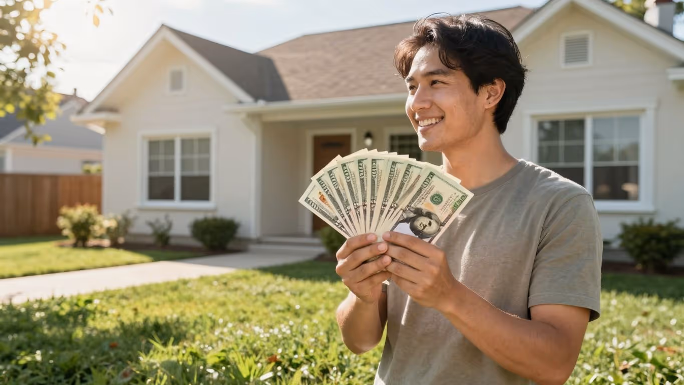 Homeowner with cash, looking at a house.