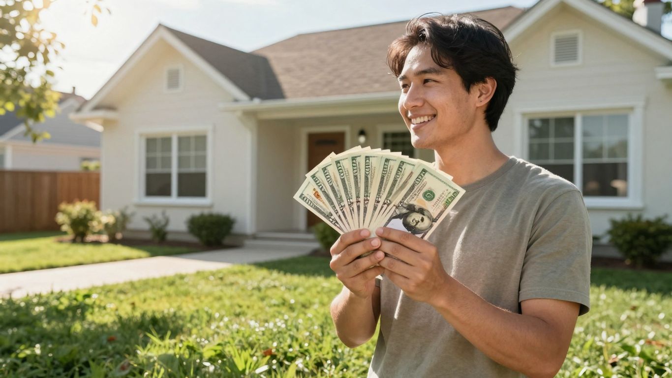 Homeowner with cash, looking at a house.