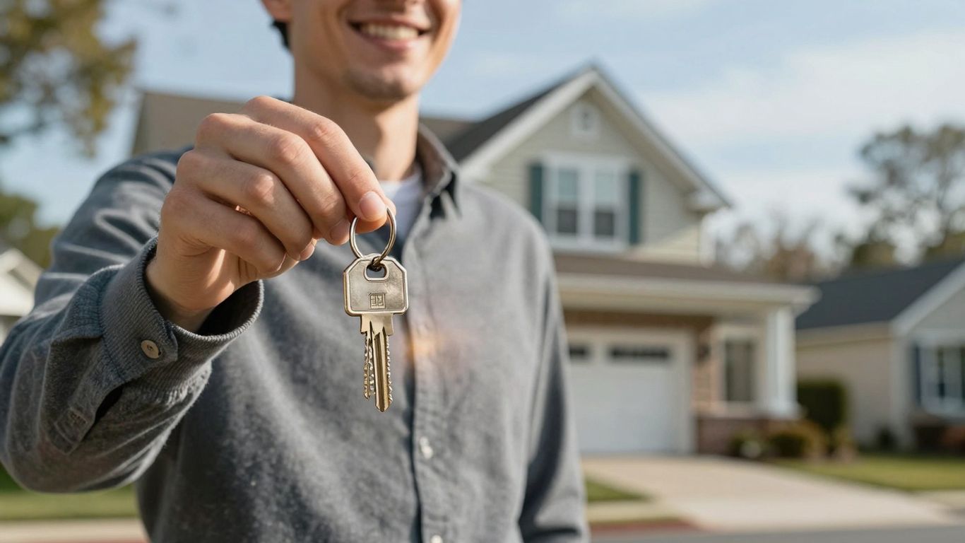 Person holding house key, happy about refinancing.