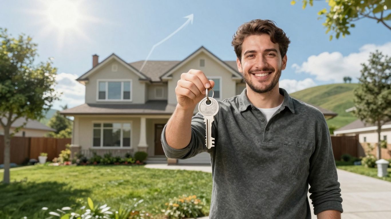 Homeowner with key, house, sunny sky, financial growth.