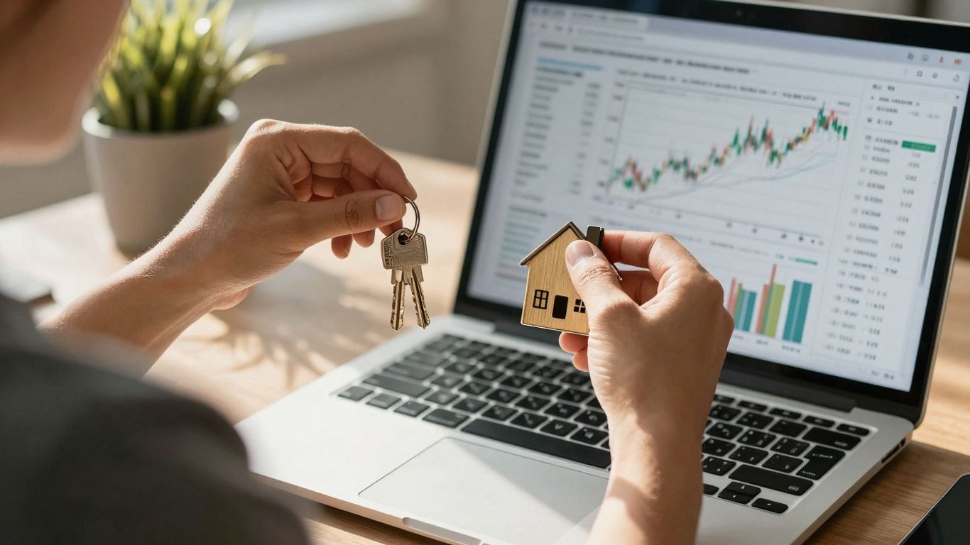 Person refinancing home loan online with laptop and house key.