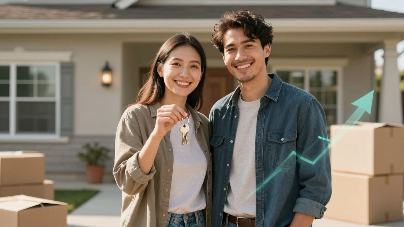 Couple with keys in front of a house