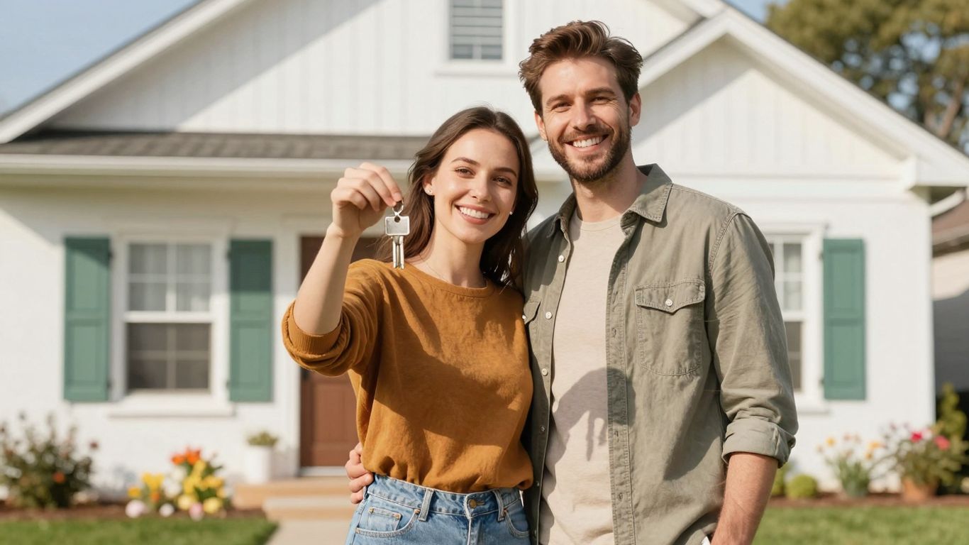 Couple holding keys in front of a home.