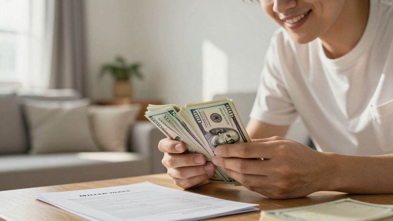 Homeowner with money and second mortgage document.